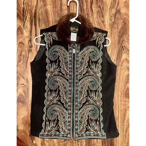 Bob Mackie Vintage Wearable Art Faux Fur Embroidered Vest Pockets Black